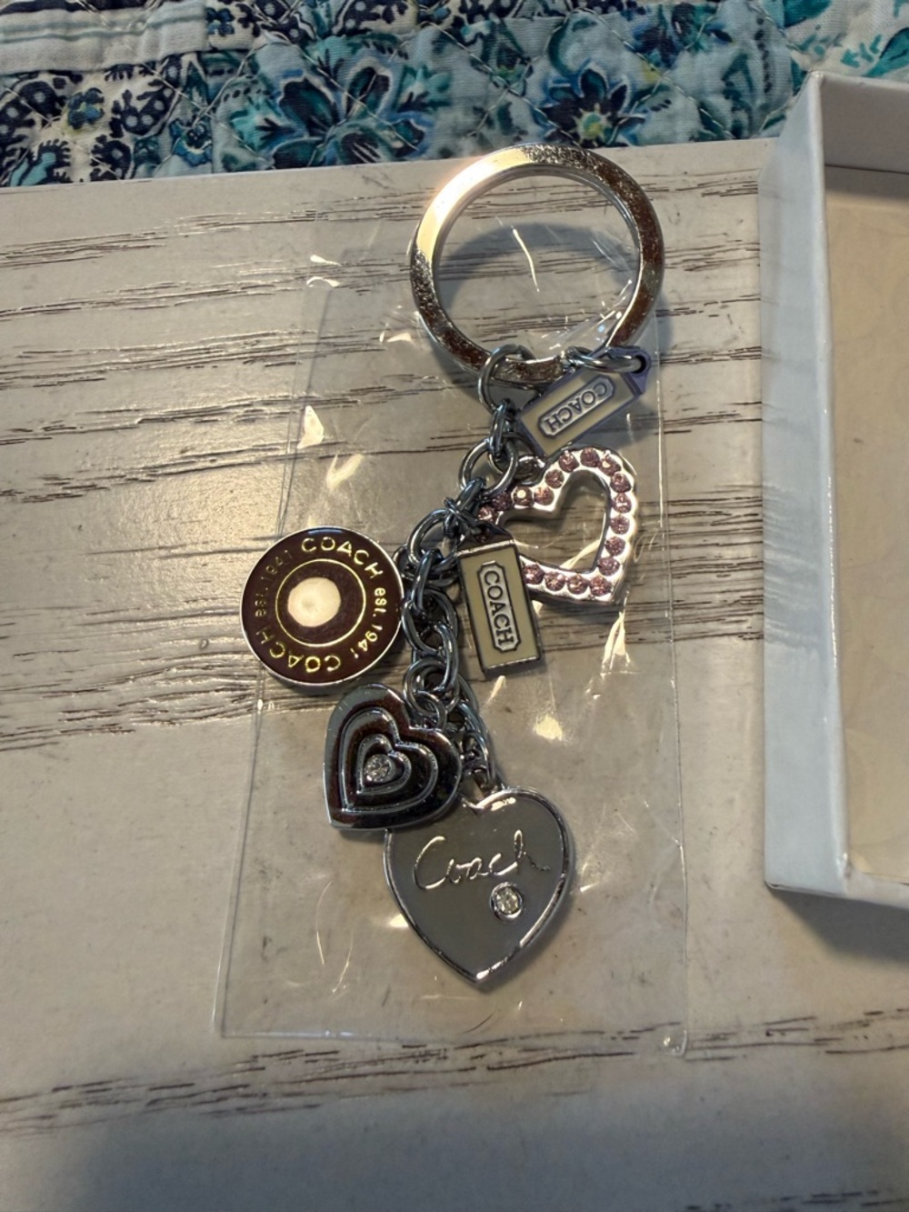 Coach Silver-tone Heart Charm Keyring with Pink Crystal Detail